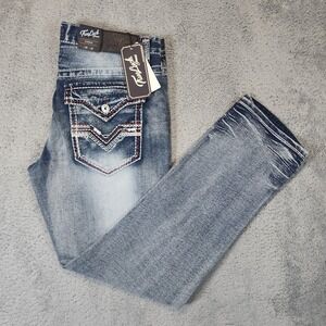 NEW True Luck Jeans Mens 34x32 Blue Straight Denim Stretch Classic Embroidered